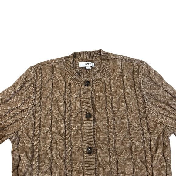 LOFT Sweater Womens XL Tan Cable Knit Button Front Crewneck Cardigan - Picture 3 of 6